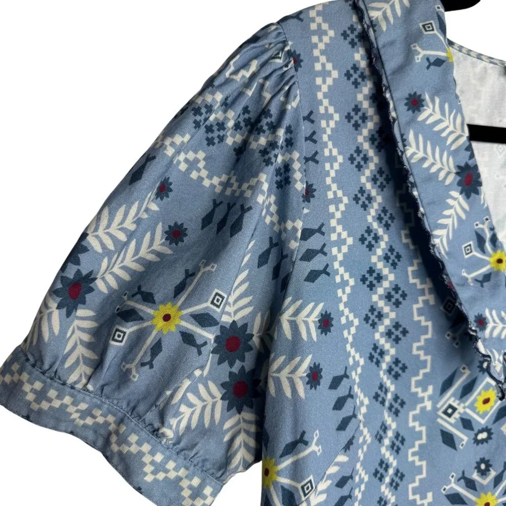Anthropologie Sz M‎ Blue Floral Geometric Blouse Scallop Collar Twee Schoolgirl